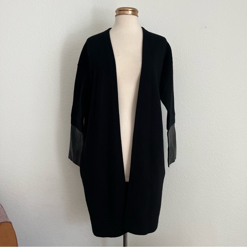ALLSAINTS All Saints Essy Leather Cuff Trim Merino Wool Black Sweater Cardigan - Picture 12 of 12
